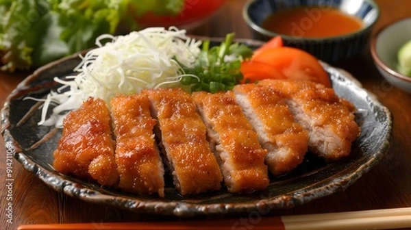 Fototapeta Crispy tonkatsu with shredded cabbage, tomato, and dipping sauce 