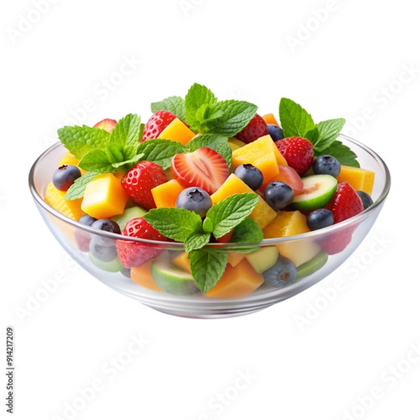 Fototapeta A bowl of fruit salad with strawberries, blueberries, and mangoes. The bowl is clear and filled with a variety of fruits