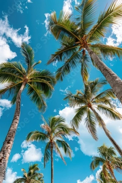 Fototapeta A group of palm trees in a natural landscape setting with a blue sky