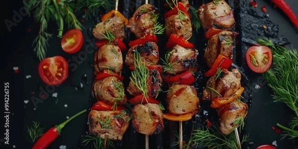 Obraz Shish kabobs cooked on a grill with colorful vegetables.