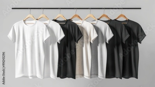 Fototapeta A collection of white, black, and gray t-shirts hanging neatly on wooden hangers against a neutral background. Perfect for fashion and clothing concepts.