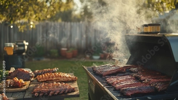 Fototapeta Delicious ribs sizzle on the grill as smoke rises, with more grilled meat displayed on a table nearby under the warm afternoon sun.