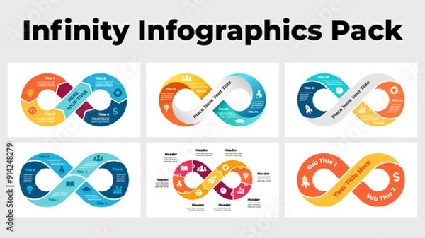 Fototapeta Infinity infographics. Circle Arrows Diagram. Flow puzzle chart. Startup business cycle icon. Clear modern graphic design. 2, 3, 4, 5, 6, 9 steps options . Creative presentation template slide. 