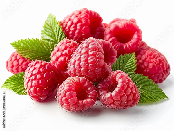 Fototapeta Fresh Ripe Raspberries With Green Leaves Arranged On A White Surface
