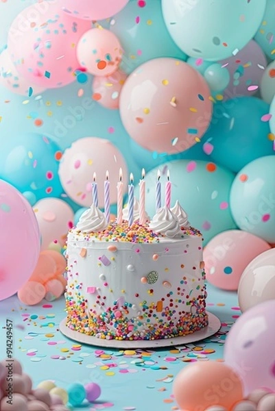 Fototapeta A birthday cake with six candles on it is surrounded by colorful balloons