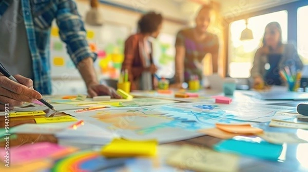 Obraz A team collaborates on a project, using sticky notes and a whiteboard to brainstorm ideas.  The image captures a dynamic and creative work environment.