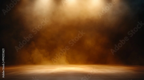 Fototapeta A dramatic background featuring a warm, smoky atmosphere illuminated by soft spotlights, creating an ideal setting for product display or theatrical presentations.