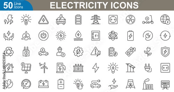 Fototapeta Electricity icons set vector illustration. Electric plug, light, bulb, power, button, battery, high, solar, lightning, wind and power lines.