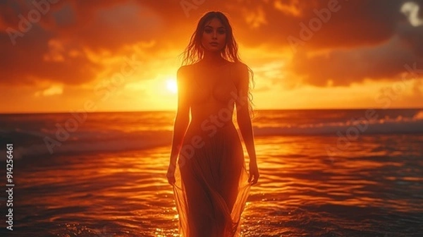 Fototapeta A stunning portrait of a woman silhouetted against the sunset, highlighting her flowing dress and creating a sense of romance and mystery.