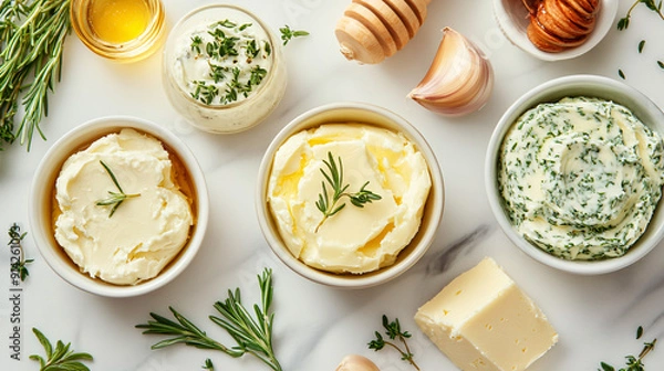 Obraz Assorted flavored butters including herb butter, garlic butter, and honey butter on a marble background