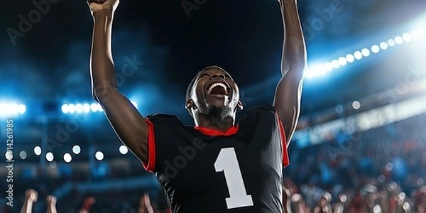 Fototapeta black fan cheering in stadium, blank black football jersey, red trim, white number "1" 