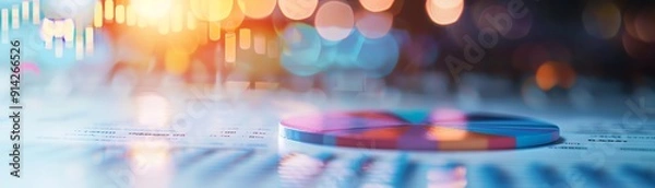 Fototapeta Abstract financial data visualization with colorful pie chart and blurred background, representing analysis and statistics.