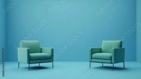 Fototapeta Blue-green chairs in an empty blue background, emphasizing minimalism and installation art. 3D rendering mockup.