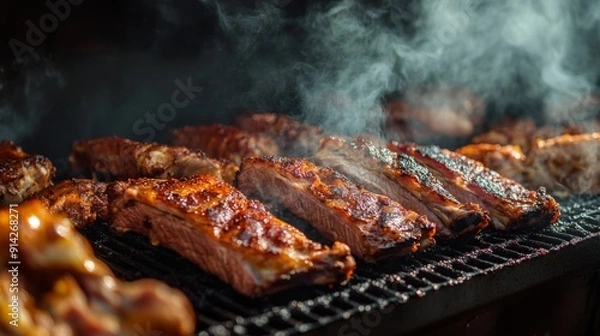 Fototapeta Juicy ribs sizzle and smoke on a charcoal grill as evening light casts a warm glow, enhancing the appetizing scene.