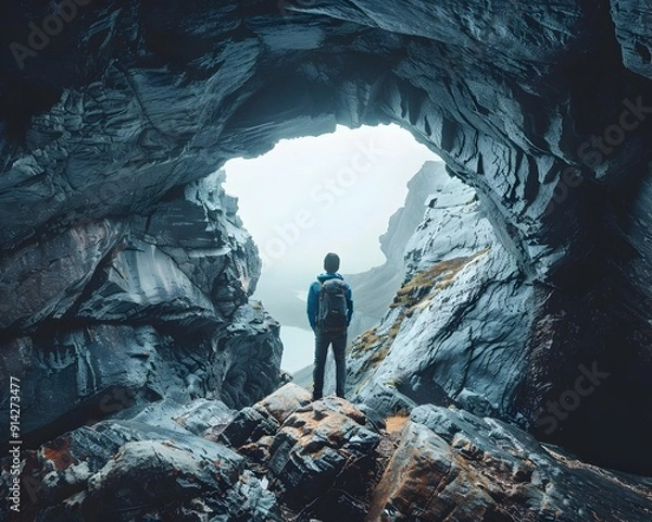 Fototapeta Intrepid Hiker Explores Mysterious Cave in Rugged Wilderness Landscape