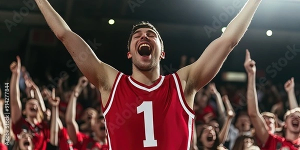 Obraz fan cheering in basketball stadium, blank red basketball jersey, white trim, white number "1" 