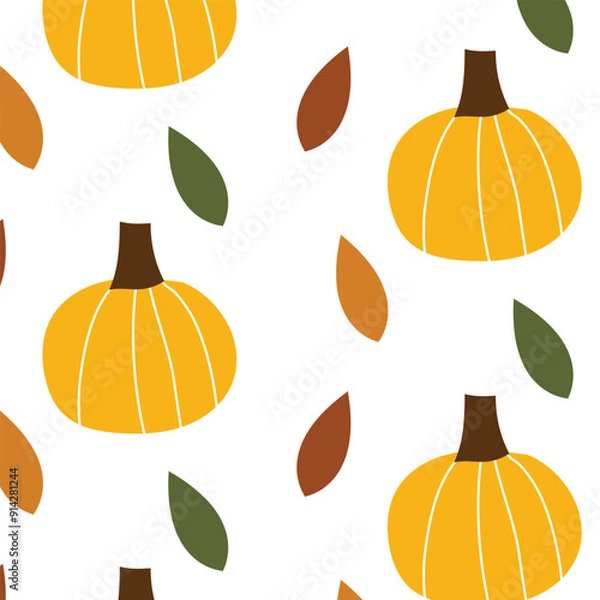 Fototapeta Halloween pumpkin seamless pattern, fall texture, fall background, vector print, fall leaves, yellow pumpkins
