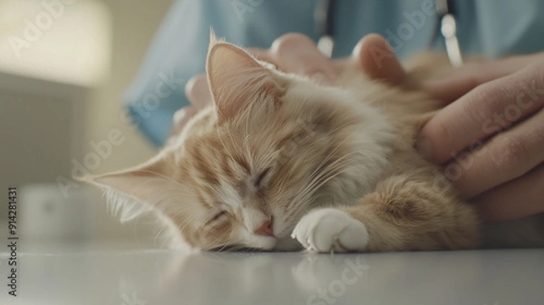 Fototapeta Tranquil cat being examined by a veterinarian in a clinic, emphasizing the meticulous care and attention pets receive during their check-up. Photo