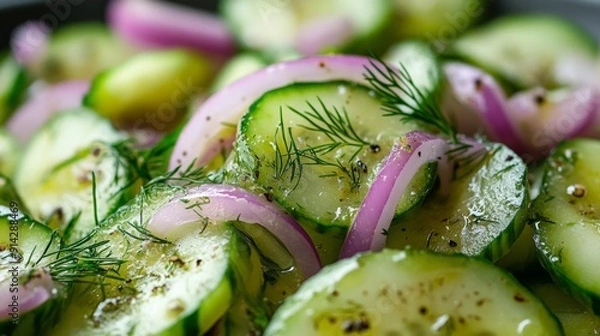 Fototapeta Slices of fresh cucumber mixed with red onion and dill, lightly dressed and arranged attractively on a serving plate.
