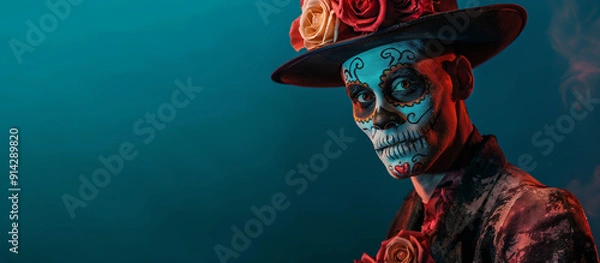 Fototapeta A man in a Day of the Dead mask and hat adorned with roses, featuring an elaborate skull design face paint. He wears traditional Mexican attire, the festive spirit of this cultural celebration.