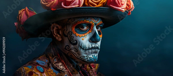 Fototapeta A man in a Day of the Dead mask and hat adorned with roses, featuring an elaborate skull design face paint. He wears traditional Mexican attire, the festive spirit of this cultural celebration.