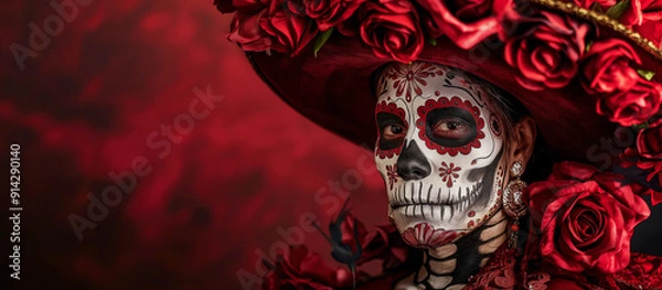 Fototapeta A man in a Day of the Dead mask and hat adorned with roses, featuring an elaborate skull design face paint. He wears traditional Mexican attire, the festive spirit of this cultural celebration.