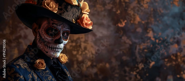 Fototapeta A man in a Day of the Dead mask and hat adorned with roses, featuring an elaborate skull design face paint. He wears traditional Mexican attire, the festive spirit of this cultural celebration.