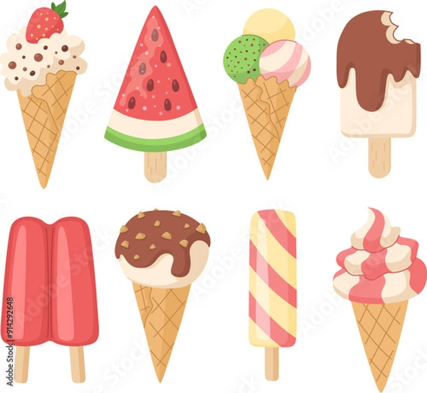 Obraz Ice cream collection. Cones, fruit ice, popsicle and double popsicle. Vector set on white background.