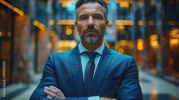 Fototapeta Confident businessman in a suit standing with arms crossed in a modern corporate lobby, showcasing leadership and determination against a professional backdrop.
