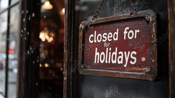 Fototapeta Weathered "closed for holidays" sign hanging on a vintage shop door with bokeh lights in the background