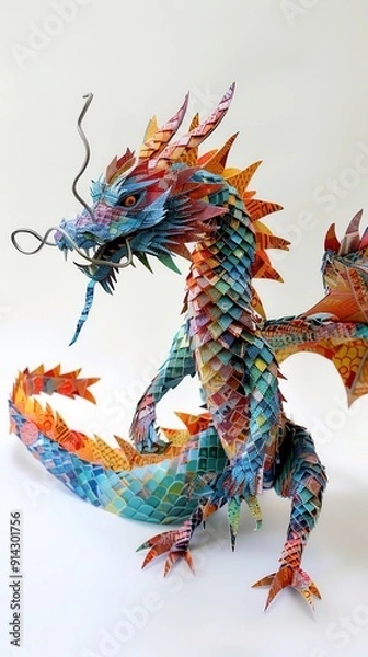 Fototapeta Intricate multicolored origami dragon sculpture with vibrant scales and a dynamic pose, showcasing intricate paper art craftsmanship.