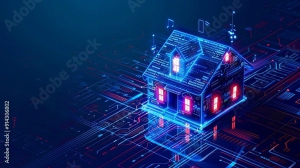 Fototapeta Rendering of smart home technology on smartphone with hologram house model floating over, digital data and graphs icon background, blue neon light effect, high resolution