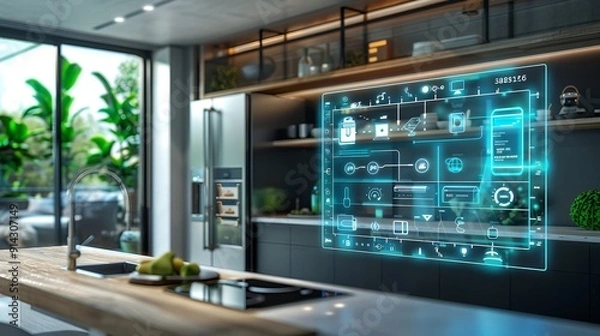 Fototapeta A futuristic kitchen with a refrigerator that has a screen on it. The refrigerator is connected to a computer and has a display technology concept. The kitchen is very modern