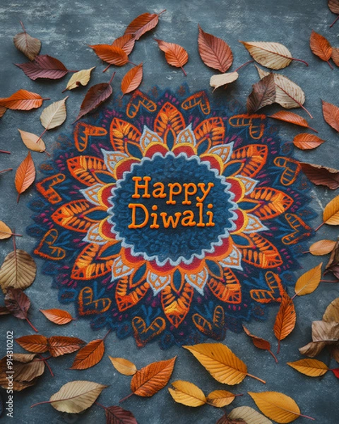 Fototapeta Rangoli design, vibrant colors, intricate patterns, autumn leaves, Happy Diwali, mandala, geometric shapes, light orange, dark red, circular pattern, festive, Indian festival, decoration, celebration,
