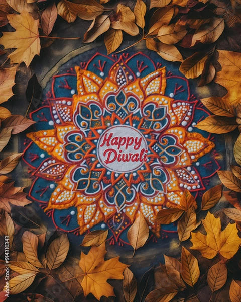 Fototapeta Rangoli design, vibrant colors, intricate patterns, autumn leaves, Happy Diwali, mandala, geometric shapes, light orange, dark red, circular pattern, festive, Indian festival, decoration, celebration,
