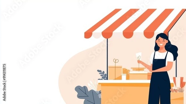 Fototapeta Labor Day craft fair, stalls with handmade items, flat design illustration