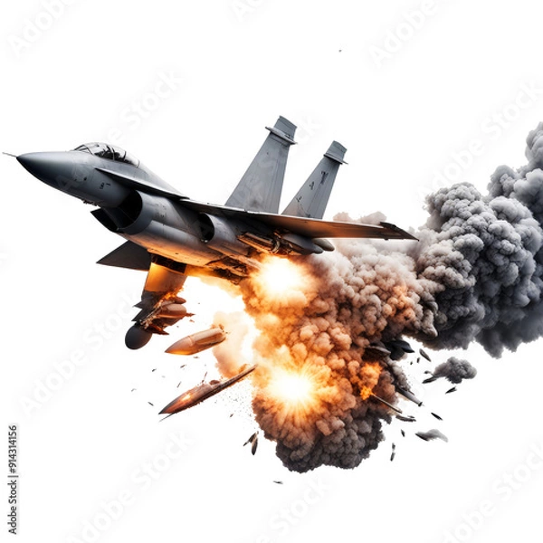 Fototapeta Exploded military jet from a missile hit isolated on the transparent backgrrond