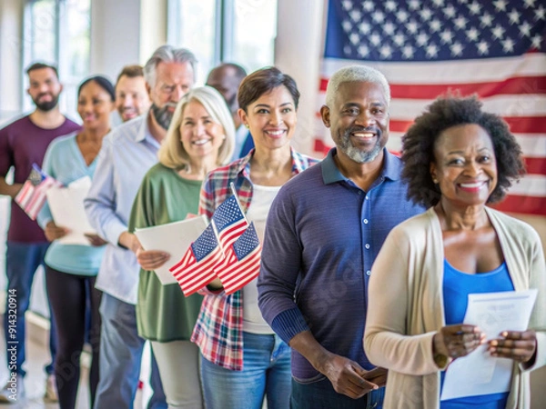 Fototapeta Elecion concept. A diverse group of smiling people holding American flags and documents, standing in line with an American flag backdrop, symbolizing unity and civic engagement.