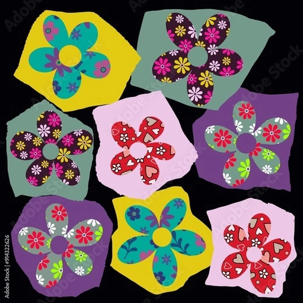 Fototapeta Collage flower design. Floral collage design. Flowers cut out from patterned papers and placed on torn paper shapes. Colourful floral patchwork art. Mixed media collage style. Bold colours and pattern