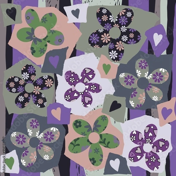 Fototapeta Collage flower design. Floral collage design. Flowers cut out from patterned papers and placed on torn paper shapes. Heart shapes, Striped background. Colourful floral patchwork art. Mixed me