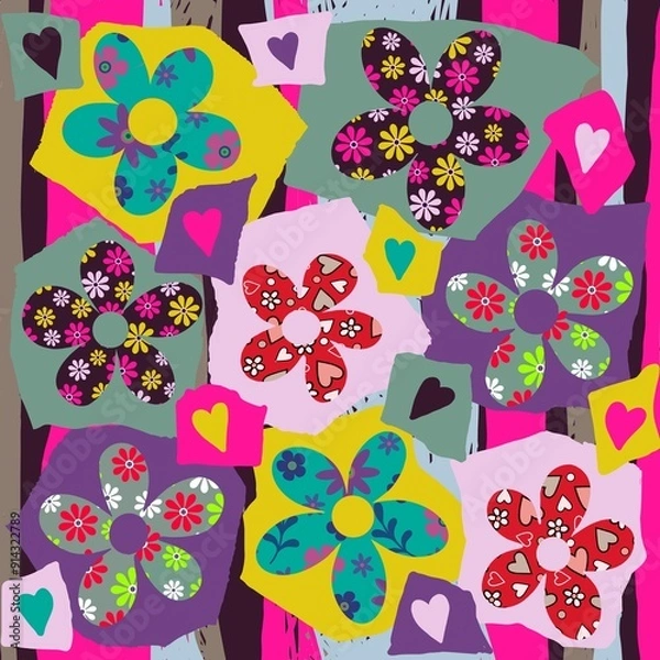 Fototapeta Collage flower design. Floral collage design. Flowers cut out from patterned papers and placed on torn paper shapes. Heart shapes, Striped background. Colourful floral patchwork art. Mixed me