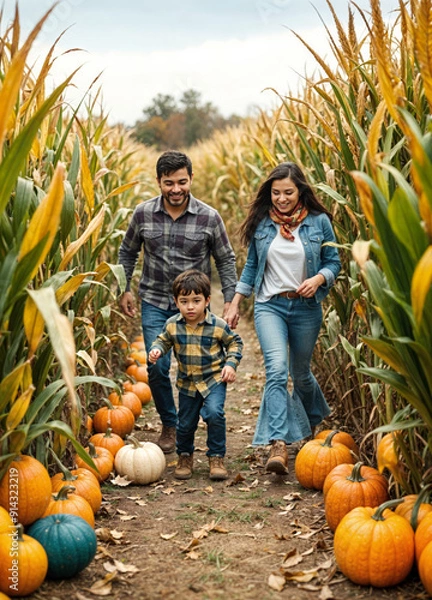 Fototapeta family walking through a corn maze in the fall with pumpkins on the ground
