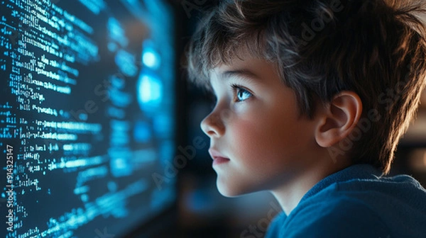 Fototapeta Boy focused on a computer screen These tools leverage large language models and machine learning to analyze and suggest code