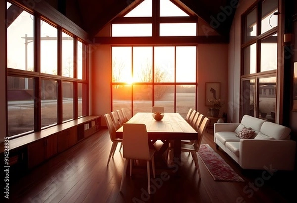 Fototapeta Interior of a restaurant. The room features a dining table with chairs, a couch, and other furniture pieces. The overall style appears to be a blend of rustic and contemporary elements