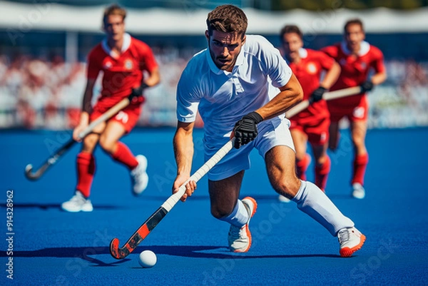 Fototapeta Dynamic field hockey game with a player in white uniform advancing with the ball, closely followed by players in red uniform.