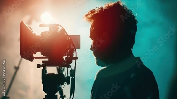 Fototapeta Silhouette of a videographer filming in a studio with colorful lighting.