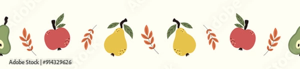 Fototapeta Autumn pattern with seasonal ripe fruits. Seamless design with apples, pears and leaves. 