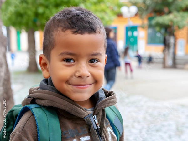 Fototapeta A little Hispanic American boy with a backpack and a brown sweatshirt smiles. Concept of happiness and back to school.