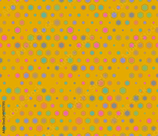 Fototapeta Honeycomb hexagon cells background. Multicolored geometric elements of varied size. Rounded hexagons mosaic cells with padding and inner solid cells. Honeycomb geometric shapes. Tileable pattern.