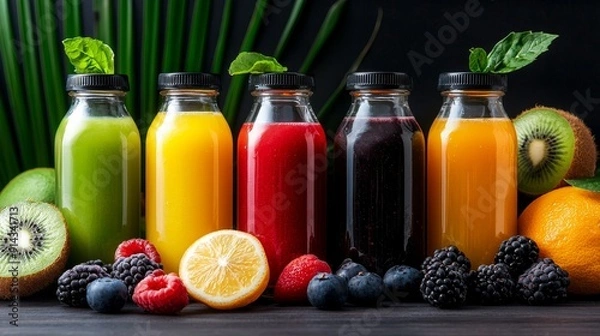 Obraz Colorful assortment of fresh fruit juices in glass bottles, showcasing vibrant green, yellow, red, black, and orange hues with berries.